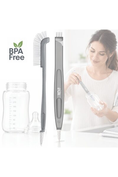 PUR Brand ПУР ®   Четка за почистване на шишета и биберони, сива, с двойна гл...