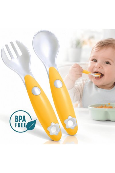 PUR Brand PUR ®   Set linguriță și furculiță pentru bebeluși, Galben, Mânere ...