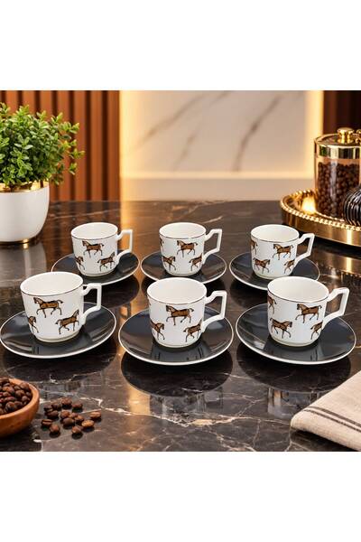 Crown Royal Bone China Horse Patterned Coffee Cup Set for 6 People