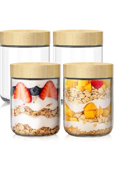 Generic 4 Pack 473ml Overnight Oats Containers with Bamboo Lids, Glass Jars w...