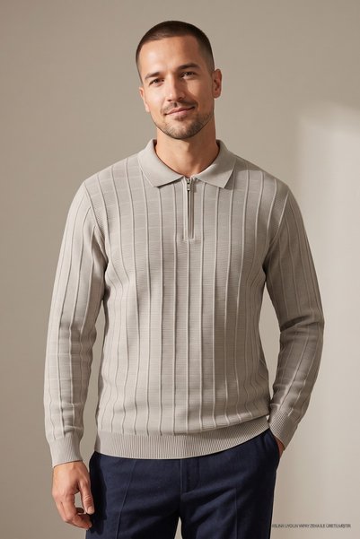 Maccali Gray Men's Ribbed Detailed Zippered Polo Collar Knit Sweater