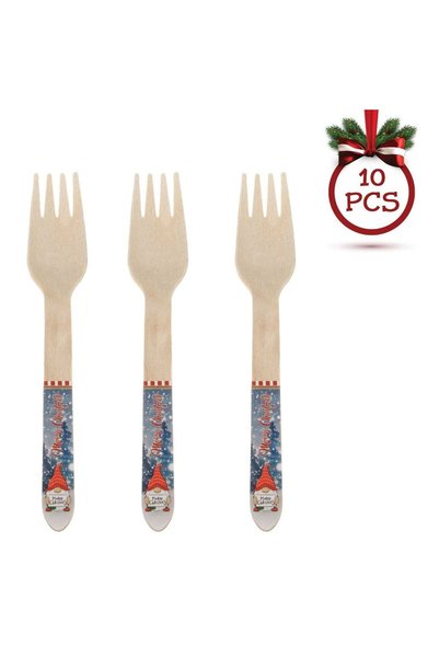 OEM Wooden Forks with Patterned Snow "Merry Christmas" 16cm - 10pcs