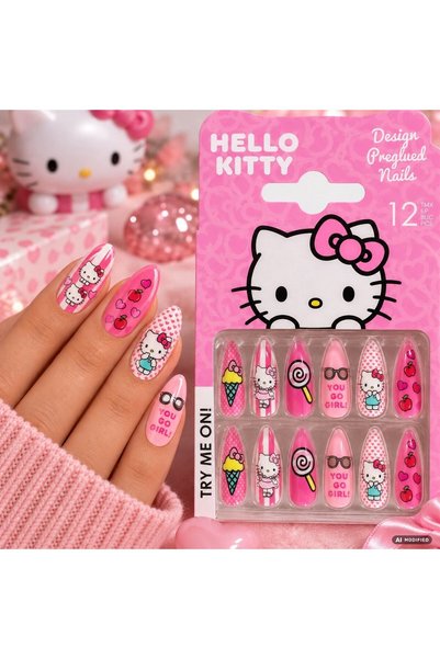 OEM Ψεύτικα Νύχια με Κόλλα Ροζ Hello Kitty - 12 τεμάχια