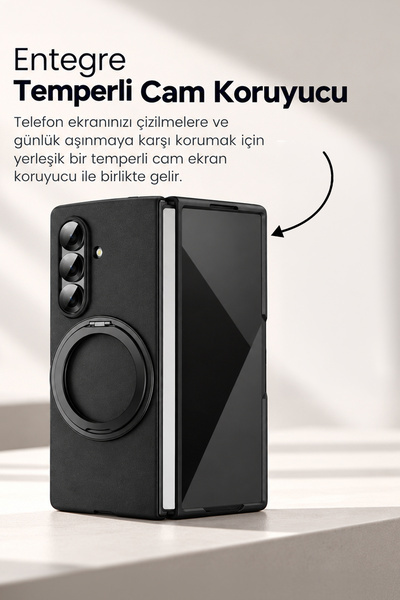 bbtech Samsung Galaxy Z Fold 7 ile Uyumlu 360° Standlı MagSafe Manyetik Özellikli Entegre Cam Koruyuculu Sert Kılıf