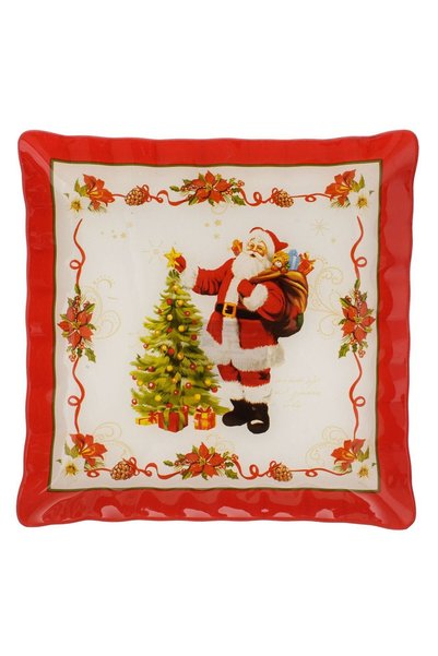 OEM Farfurie de Craciun Patrata din Sticla cu Mos Craciun Brad 25x25cm