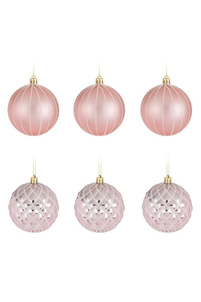 OEM Set Globuri de Craciun Roz Aurii cu Dunga Alba Romburi Glitter 8cm - 6buc
