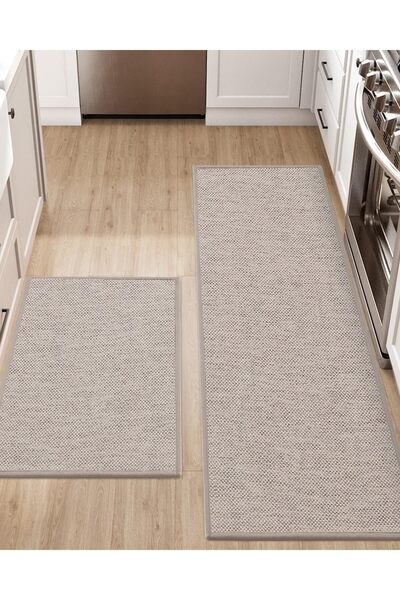 Generic kitchen Mat Floor Non Slip, 44x75+44x150 cm Washable Woven Rug, Khaki