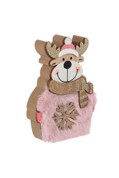 OEM Decoratiune de Craciun din Lemn Cerb cu Blana Roz Fulg 13cm