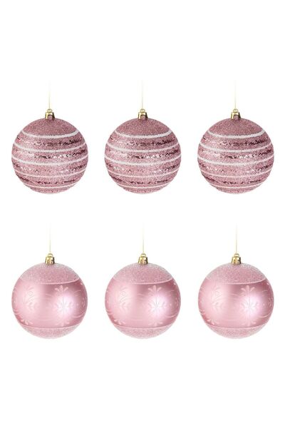 OEM Set Globuri de Craciun Roz Mate Lucioase Dungi cu Glitter & Modele Albe I...