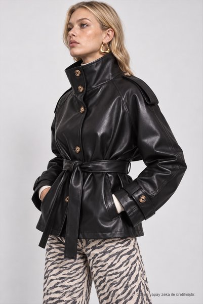 Lovelyİstanbul Belted Faux Leather Jacket Lby0113 Black