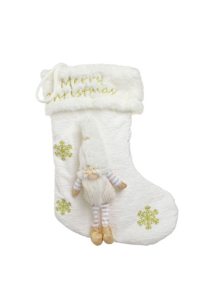 OEM Cizmulita Decorativa de Craciun Alba cu Figurina Gnome & Fulgi Aurii 38cm