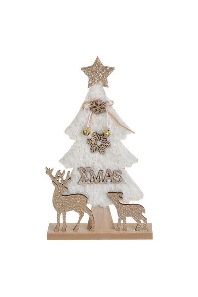 OEM Christmas Wooden Decoration Fir Tree with White Fur & Bells 14x24.5cm