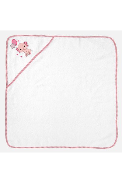 OEM Prosop cu Gluga din Bumbac Alb cu Model Elefant Roz pentru Bebelusi 75x75cm