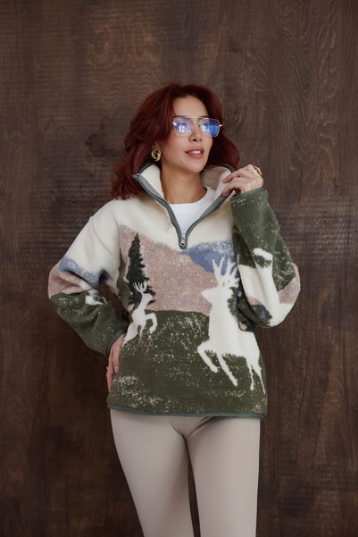 Kadın Yarım Fermuarlı Dik Yaka Cepli Polar Sweatshirt