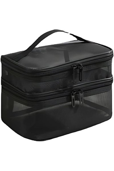 TRENZ Z03 Clear Mesh Makeup Bag Top and Bottom Two Compartments Perfectly Org...