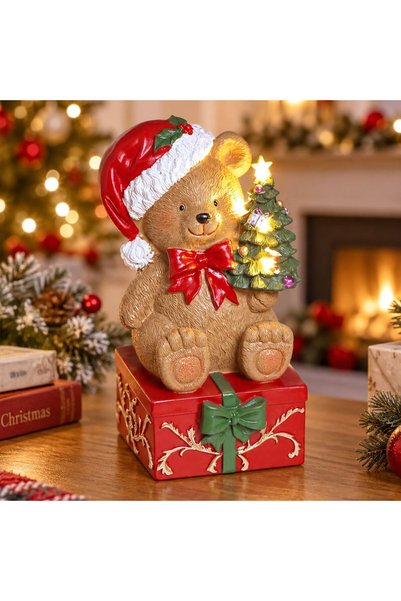 OEM Christmas Decoration Teddy Bear on Gift with LED 21cm