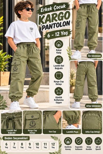 ÜÇ GÜL TİCARET Erkek Çocuk Haki Yeşil Kargo Cepli Jogger Pantolon 6-12 Yaş