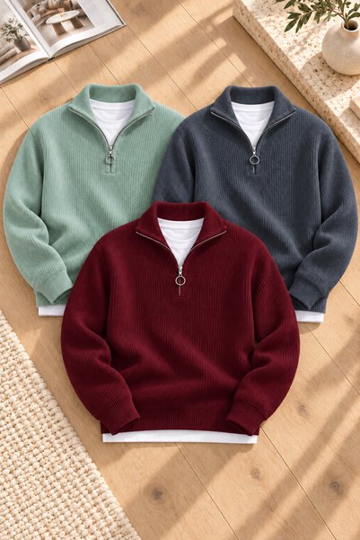 legends butik Men's 3-Piece Set of Thick Knit Winter Sweaters with Stand-Up C...