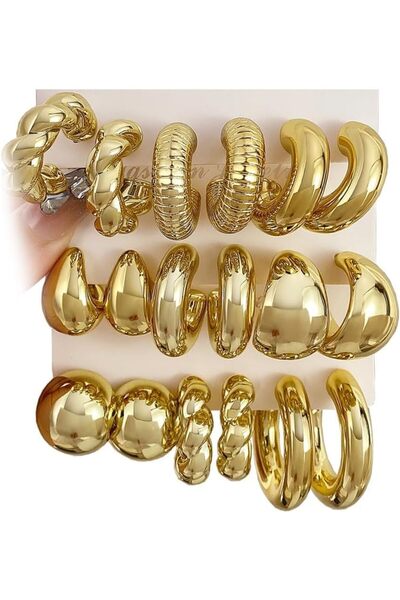 Generic 9 Pairs 14K Gold Hoop Earrings Set for Women, Chunky Chain Twisted Op...