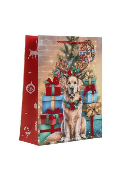 OEM Punga Cadou cu Model de Craciun Caine Brad cu Folie Rosie Foil 26x10x32cm