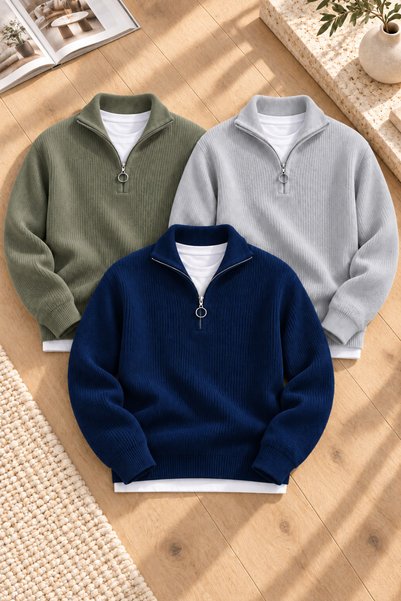 legends butik Men's 3-Piece Set of Thick Knit Winter Sweaters with Stand-Up C...