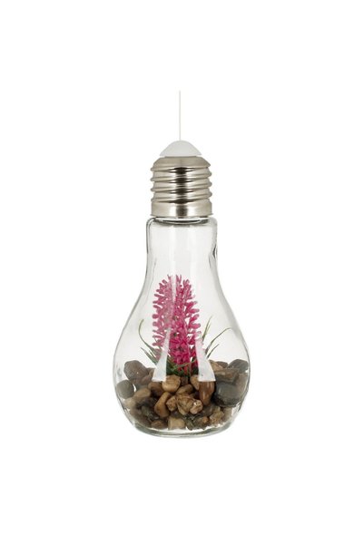 OEM Bec Decorativ din Sticla Transparent cu LED Pietre Fucsia Flori Ø11x19cm