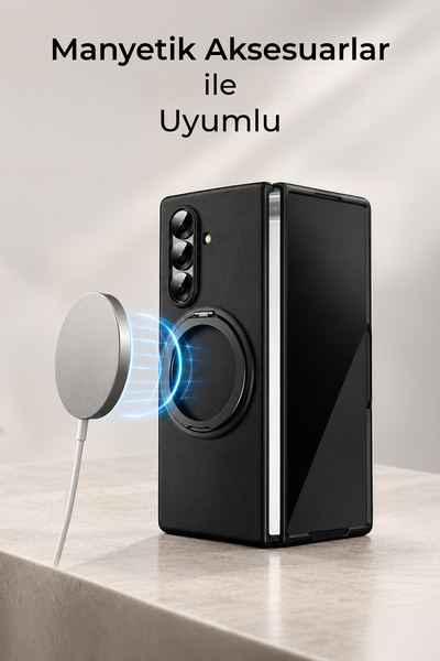 bbtech Samsung Galaxy Z Fold 7 ile Uyumlu 360° Standlı MagSafe Manyetik Özellikli Entegre Cam Koruyuculu Sert Kılıf