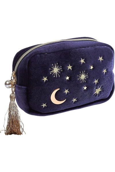 Yelajoy Handy Travel Makeup Bag, Navy Blue Velvet Cosmetic Pouch with Exquisi...