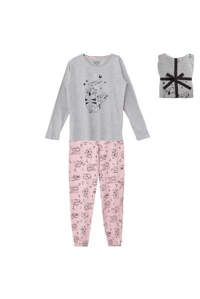 OEM Set Pijama de Iarna din Bumbac Gri Roz cu Model Pisici pentru Femei