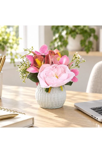 OEM Ghiveci Decorativ Gri cu Planta Artificiala & Flori Roz Ø9x18cm