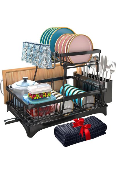 GENERAL 7 Piece Dish Drainer Rack Set, 2-Tier Dish Drying Rack with Utensil H...