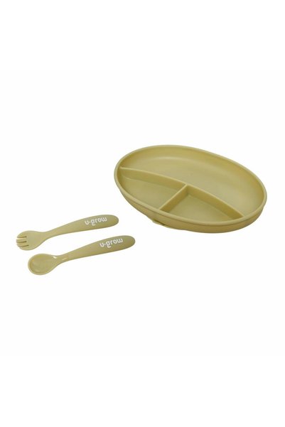 Evelise Set farfurie cu lingură și furculiță, silicon, olive, U-Grow