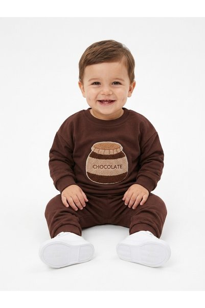 Kids Kingdom İki İplik Mevsimlik Peluş Detaylı 2li Erkek Bebek Takım Kahverengi