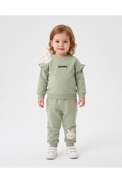 VEGAMOD Girls' Winter Rabbit Embroidered 3-Stripes Fleece Set with Writing on...