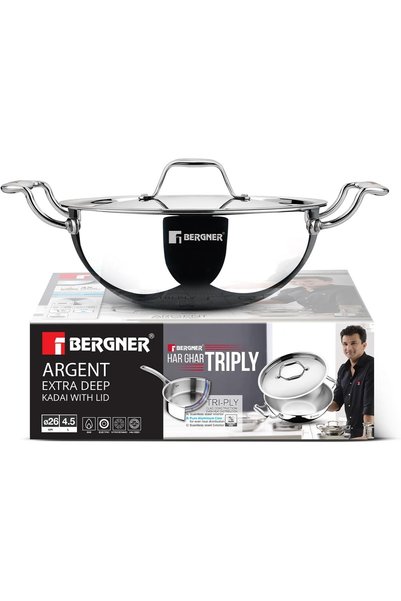 Generic Argent 26cm (4.5L) Tri-Ply Stainless Steel Deep Stir-Fry Pan, Multipu...