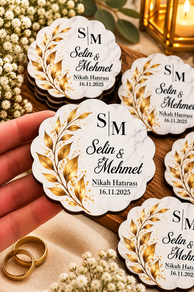 hediyyenvar Kişiye Özel Nikah Magneti – Mermer Desenli, Çiçekli ve Gold Detaylı MDF UV Baskı Hediyelik Magnet 25 Adet