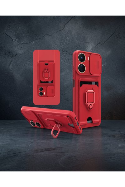 teknodayım Vivo Y16 Case Zuma with Ring Silicone with Business Card - Red