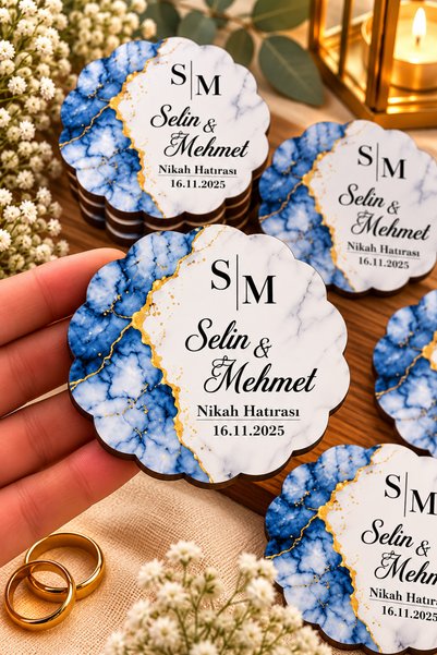 hediyyenvar Kişiye Özel Nikah Magneti – Mermer Desenli, Çiçekli ve Gold Detaylı MDF UV Baskı Hediyelik Magnet 25 Adet