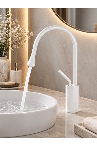 ALFAS White Brass Bathroom Sink Faucet High Swan Neck 360 Swivel Modern Design