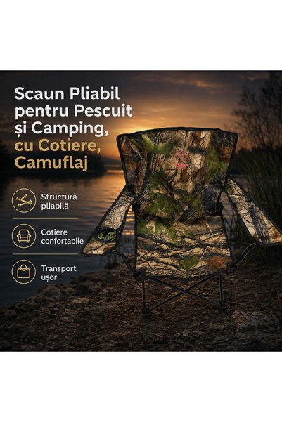 FOXMAG24 Scaun pliabil pentru pescuit și camping, cu cotiere, camuflaj