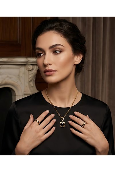 Genel Markalar 316L Çelik Gold Vintage Siyah Taşlı Kadın Kolye - Özel Hediyel...