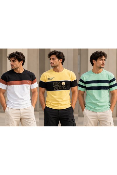 iza Men's Casual Colour Block & Graphic T-Shirts – Combo Pack of 3 | Round Ne...