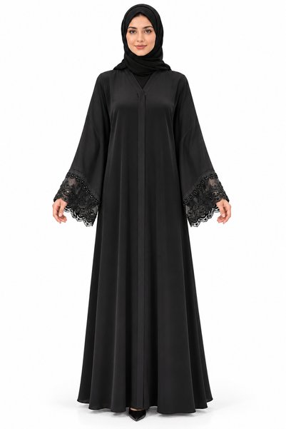 MOHAMED ZAHABI Abaya with Wide Sleeves and Lace |   Wide Sleeve Lace Abaya