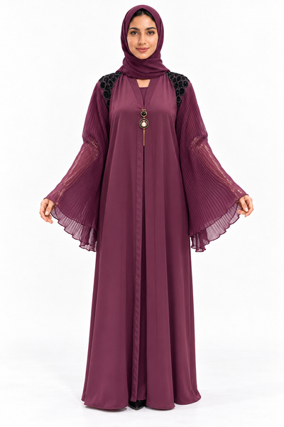 MOHAMED ZAHABI Abaya with Bell Sleeves and Pleats |   Pleated Bell Sleeve Abaya