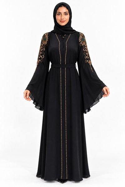 MOHAMED ZAHABI Abaya with Shoulder and Belt Decorations |   Shoulder Motif Be...