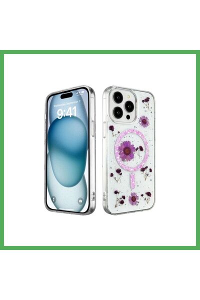 Nur store Çanta iPhone 15 Pro Compatible Case Daisy Glitter Magsafe Cover - P...