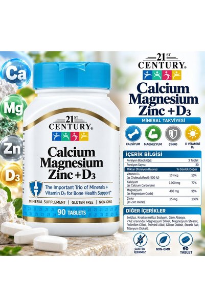 21st Century Calcium magnesium zinc + D3 Vitamin 90 tablet - Çinko Kalsiyum M...