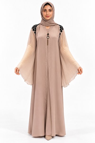 MOHAMED ZAHABI Abaya with Bell Sleeves and Pleats |   Pleated Bell Sleeve Abaya