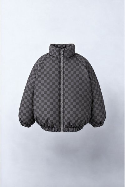 Magu Children's Black Gray Checkerboard Patterned Zippered Coat