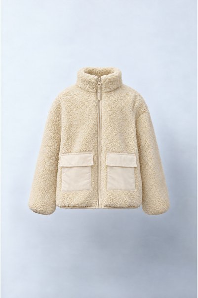 Magu Unisex children's cotton ecru plush zippered pocket jacket